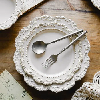 Тарелка с французским тиснением в стиле ретро, набор тарелок для рукоделия в скандинавском ретро однотонном стиле, посуда, обеденный набор, тарелки и миски, набор тарелок