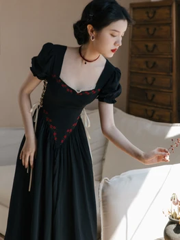 Летнее элегантное женское винтажное черное платье с шикарным дизайном, с цветочной вышивкой в стиле ретро, с пышными рукавами, бандажные платья принцессы, Vestido Negro