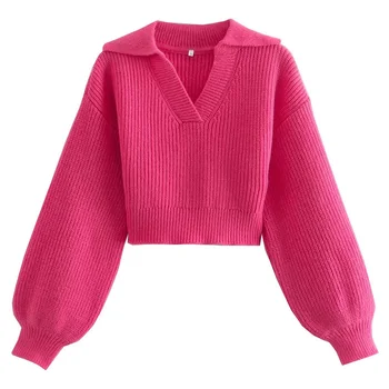 Женский модный укороченный вязаный свитер Винтажный воротник с лацканами, женские пуловеры с длинным рукавом, Шикарные топы