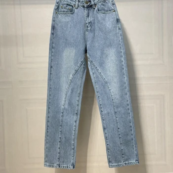 Женские ретро карманы, дизайн вышивки, джинсы известного бренда, модные оригинальные прямые брюки с высокой талией.
