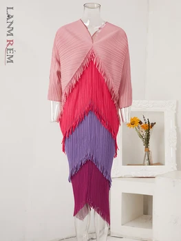 LANMREM, Плиссированное платье с кисточками и Цветным блоком, Женские Платья до середины икры с рукавом 