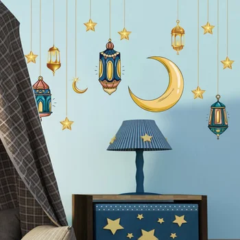 Мультяшный фонарь с Луной и звездой в европейском стиле, Матовая наклейка, Декоративная наклейка на стену в гостиной, украшение комнаты