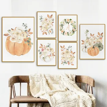 Листья тыквенного цветка Для кухни, Акварельные картины на холсте, плакаты на скандинавскую тему и принты, картины для домашнего декора гостиной