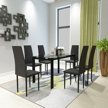 Обеденный набор Стол из закаленного стекла 6 ШТ. Обеденный стул в форме ромба из искусственной мягкой кожи для гостиной кухни квартиры на 4-6 персон