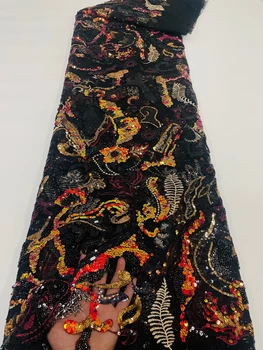Нигерийская сетчатая кружевная ткань с блестками ручной работы Africa 2022 высококачественное роскошное тюлевое кружево из бисера для пошива свадебного вечернего платья