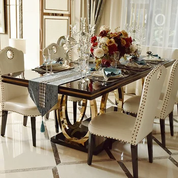 Сочетание легкого роскошного обеденного стола и стула в гонконгском стиле, простая прямоугольная мебель из нержавеющей стали на 8 персон