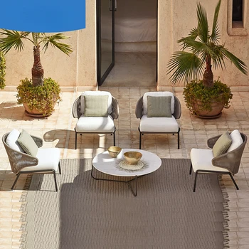 Скандинавский открытый ротанговый диван для отдыха с балконом, креативная гостиничная садовая мебель для внутреннего двора, мягкий ротанговый стул, чайный столик