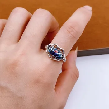 Женское Кольцо Lotus Ring в стиле ретро, Старое Кольцо Lotus Ruyi, Цвет эмали - Выгоревший Синий, Аксессуары для капельного масла