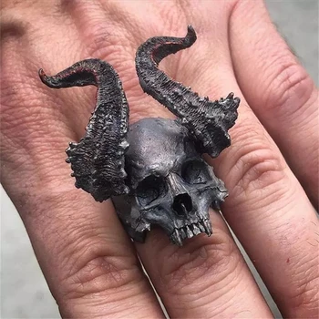 Черное мужское кольцо Satan Devil Skull из нержавеющей стали с округлыми рогами в стиле панк-локомотив