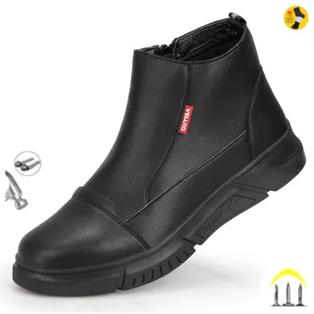 Водонепроницаемые кожаные защитные ботинки для мужчин Зимние Бархатные Металлические Рабочие ботинки со стальным носком Черного цвета, Неразрушаемые Промышленные Сварочные ботинки