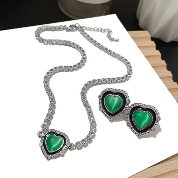 Блестящее ожерелье с цепочкой из кубического циркония, женские подвески в виде зеленого хрустального сердца, ожерелья, серьги Оригинального качества, ювелирные изделия Z091