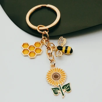 Прекрасный эмалированный брелок для ключей Sun Flower Honeycomb Bee Keychain Садовый брелок Ювелирные изделия ручной работы для дружбы между мужчинами и женщинами