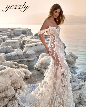 Сексуальное свадебное платье Русалки с 3D цветами и открытыми плечами, длинные рукава, Иллюзионное кружевное пляжное свадебное платье с открытой спиной, Vestidos YW111