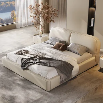 Кровать из натуральной кожи Современная минималистичная кровать в главной спальне Итальянская минималистичная двуспальная кровать большого размера 1,8 м для хранения кожаная художественная кровать С