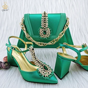 QSGFC, новый дизайн, модная сумочка для пригородных поездок с блестящими украшенными бриллиантами туфлями на высоком каблуке, Нигерийский комплект дамской сумочки для вечеринок