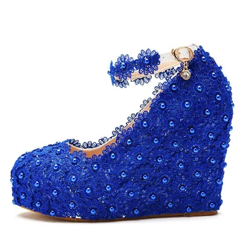 Синие кружевные свадебные туфли для невесты, женские туфли на танкетке с ремешками на щиколотках, женские туфли-лодочки на платформе, вечерние туфли на высоком каблуке, размер 10