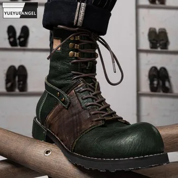 Винтажные мужские военные ботинки в темно-зеленую клетку на шнуровке, Ботильоны из высококачественной конской кожи с круглым носком, Мото-байкерская обувь для верховой езды