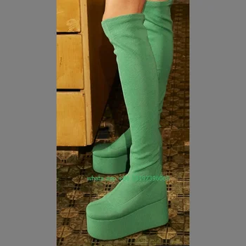 Женские зеленые ботфорты на платформе, сапоги выше колена, эластичная платформа, повседневные ботинки для танцевальной вечеринки, размер обуви 46