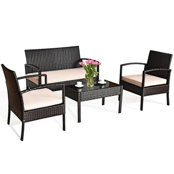 Наборы мебели для патио из 4 предметов, Плетеный ротанговый стул, набор уличной мебели для бистро, сада и двора
