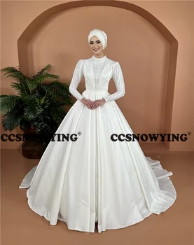 Бальное платье из атласа, расшитое бисером, Мусульманское свадебное платье с длинным рукавом для невесты, Исламский Хиджаб, свадебные платья, женское арабское свадебное платье