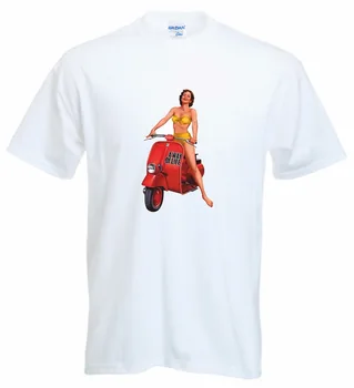 Дизайн мужской футболки в летнем ретро-стиле 1960-х, красный скутер, бикини с пин-апом, футболка с дизайном мопеда на веб-сайте