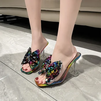 2023 Новые элегантные женские босоножки на очень высоком каблуке, модные цветные хрустальные тапочки с бантиком, повседневная женская обувь для вечеринок, Вьетнамки