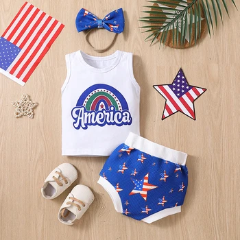 Комплекты одежды для маленьких девочек FOCUSNORM на День независимости, 3 шт., топы с буквенным принтом и эластичные повседневные шорты со звездами, комплект с повязкой на голову.