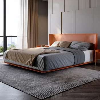 Экстраординарная домашняя итальянская простая плавающая кровать 1,8 м из натуральной кожи для седла, простая светлая спальня, роскошная двуспальная свадебная кровать