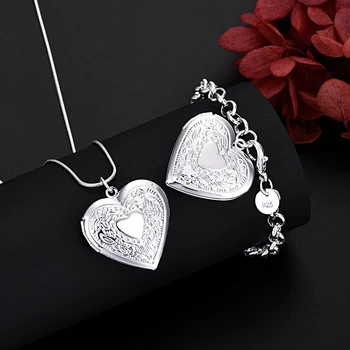 Корейская мода Стерлингового Серебра 925 Пробы красивая Фоторамка в виде сердца Ожерелья, браслеты, наборы ювелирных изделий для женщин, свадебные подарки для вечеринок